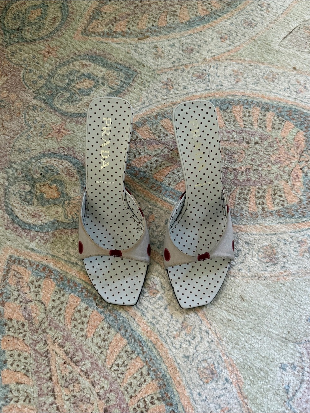 Prada White Polka Dot Heels with Burgundy Accents